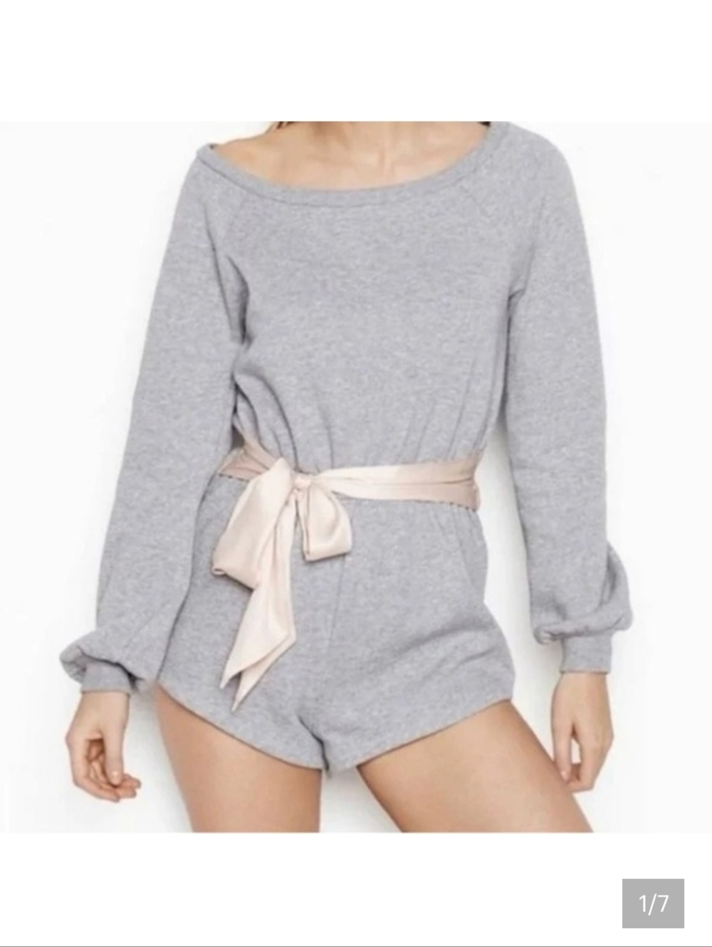 Victorias Secret Cozy Gray Off-Shoulder Romper with Satin Tie